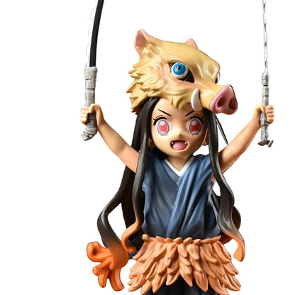 Nezuko plush cosplaying as Inosuke front view, 19cm PVC anime demon slayer collectible figure
