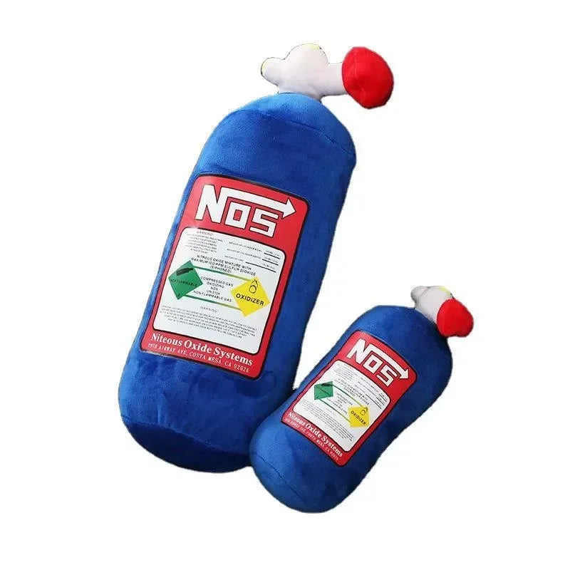 Nitrous oxide plush pillow shaped like an NOS bottle for car headrest use

