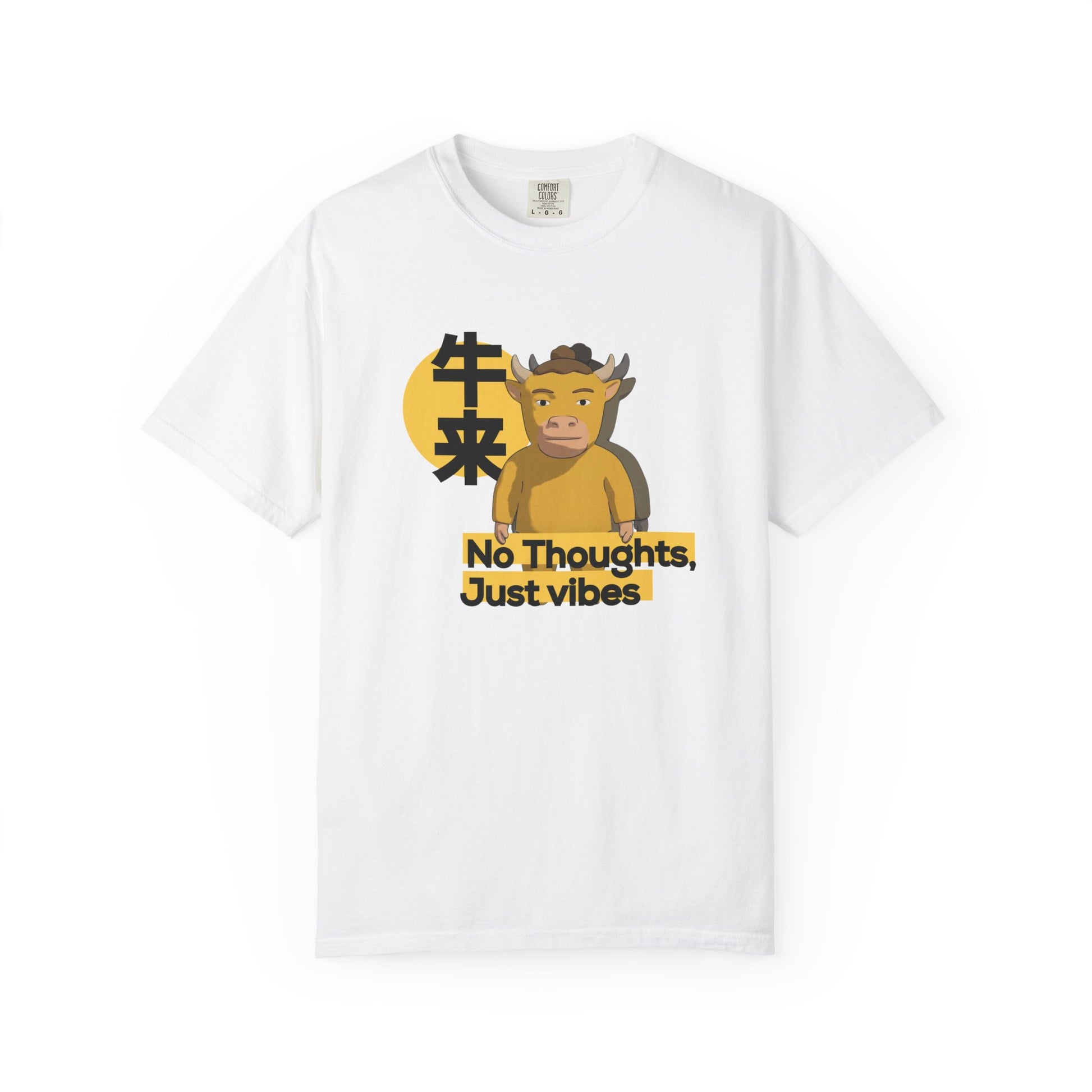Niu Lai No Thoughts Just Vibes graphic tee front print close-up