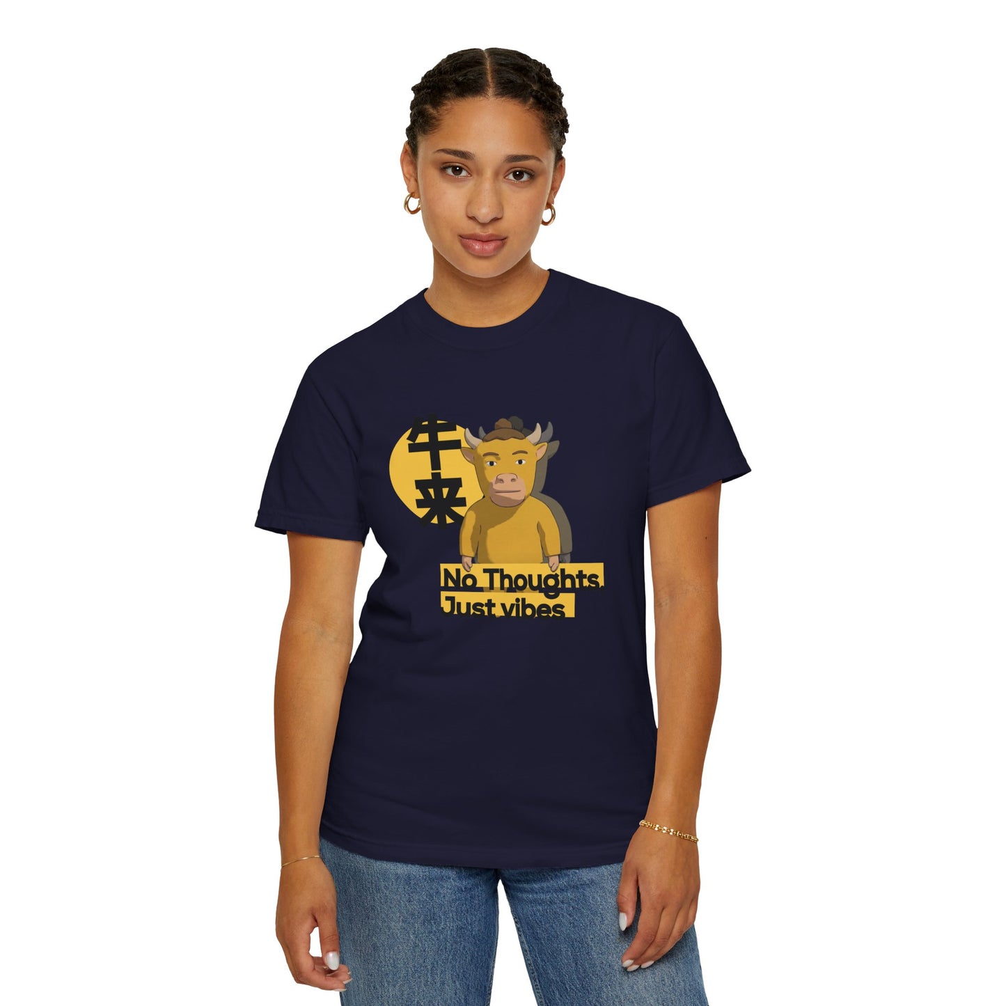 Niu Lai No Thoughts Just Vibes tee back view plain design