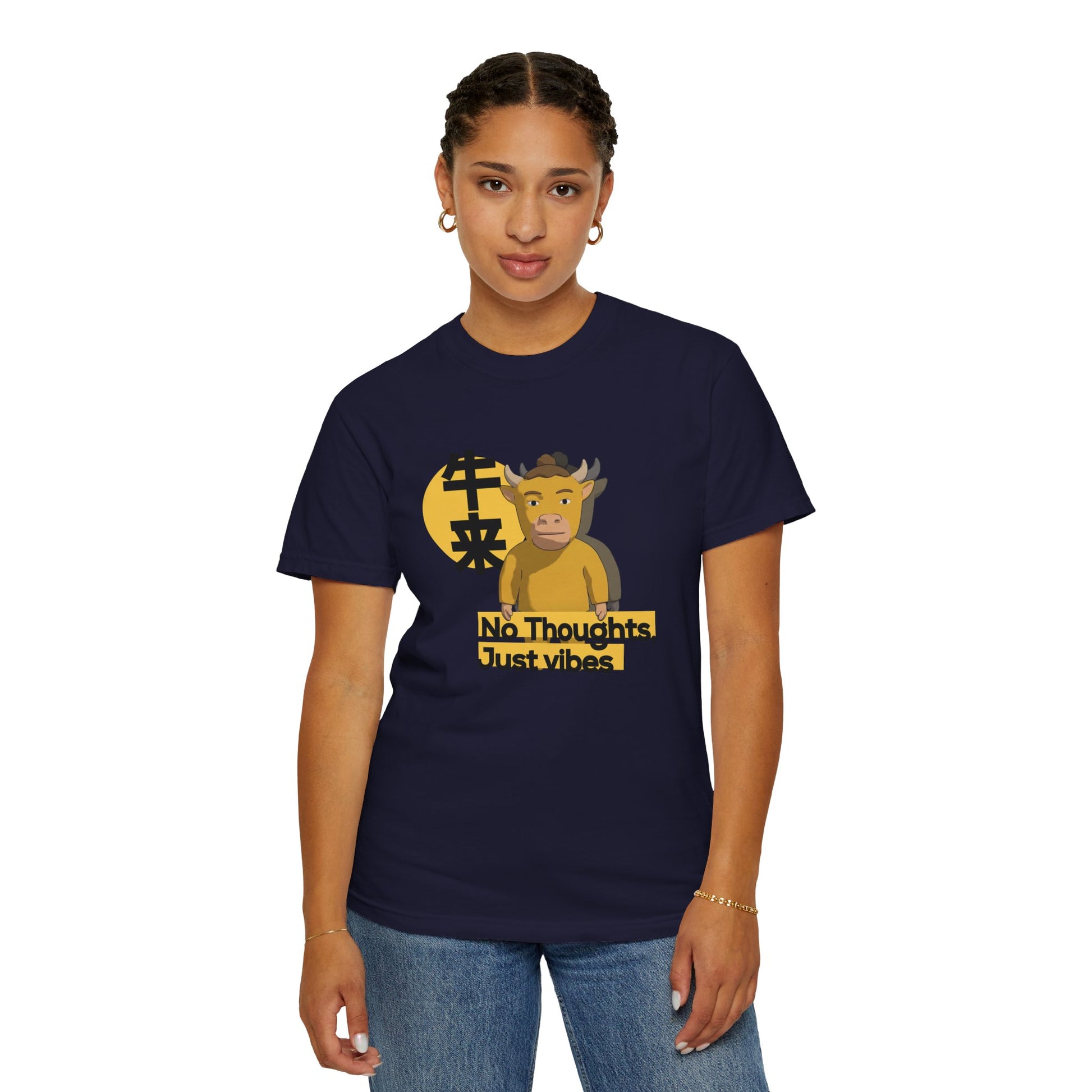 Niu Lai No Thoughts Just Vibes tee back view plain design