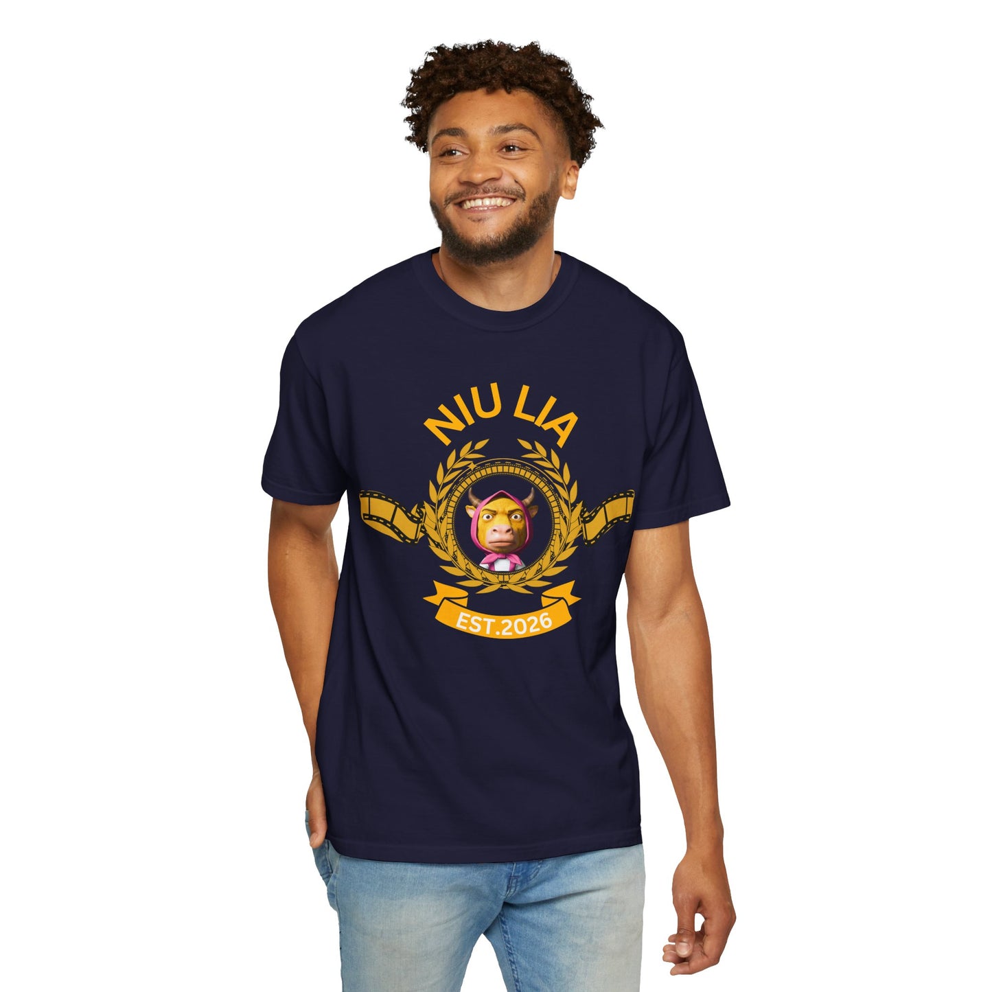 Niu Lai 牛来 animated film parody shirt worn oversized tucked into denim jeans