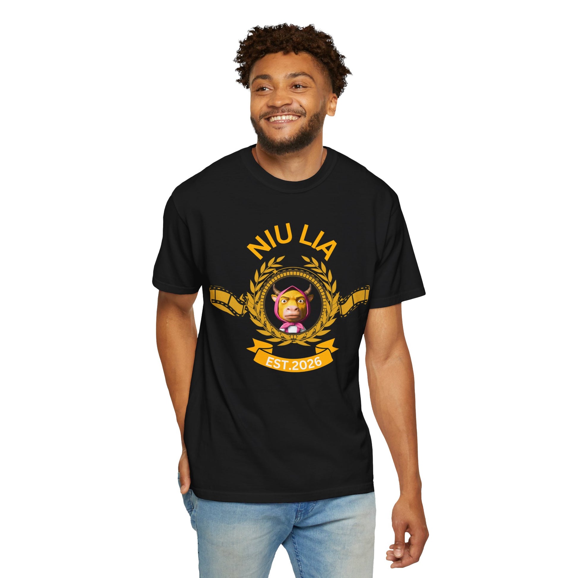 Niu Lai ox in pink scarf crest graphic printed on faded black heavyweight tee