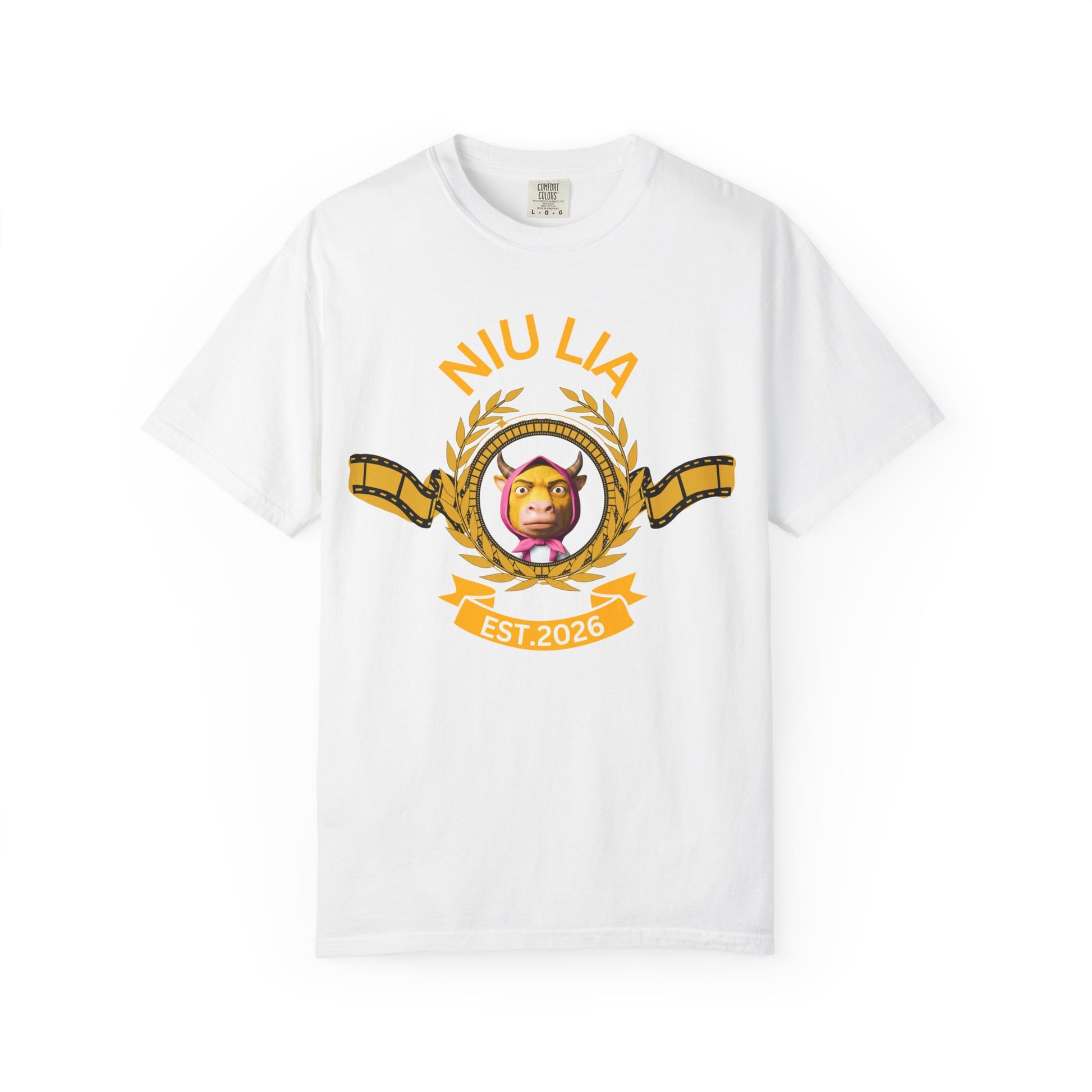 Niu Lai parody shirt with ox in pink scarf cinematic golden crest graphic on black Comfort Colors 1717 tee