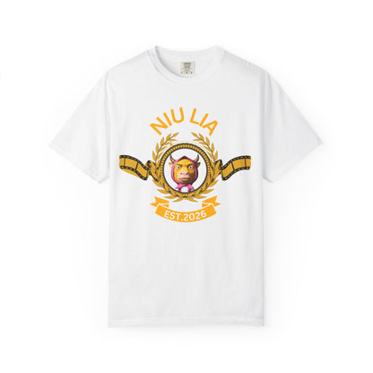 Niu Lai parody shirt with ox in pink scarf cinematic golden crest graphic on black Comfort Colors 1717 tee