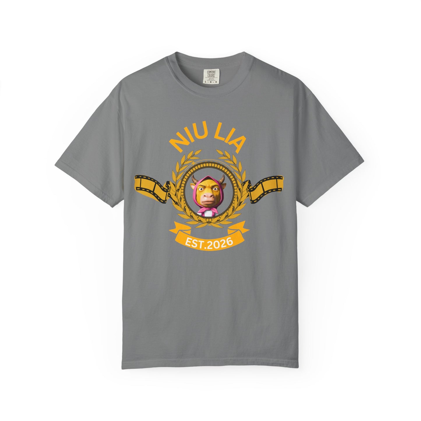 Niu Lai 牛来 viral animated film parody tee laid flat on neutral background