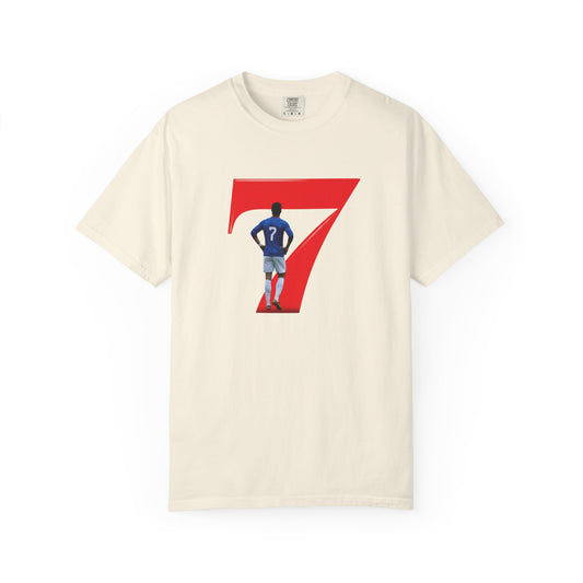 No.7 celebration tee front view with red number 7 print
