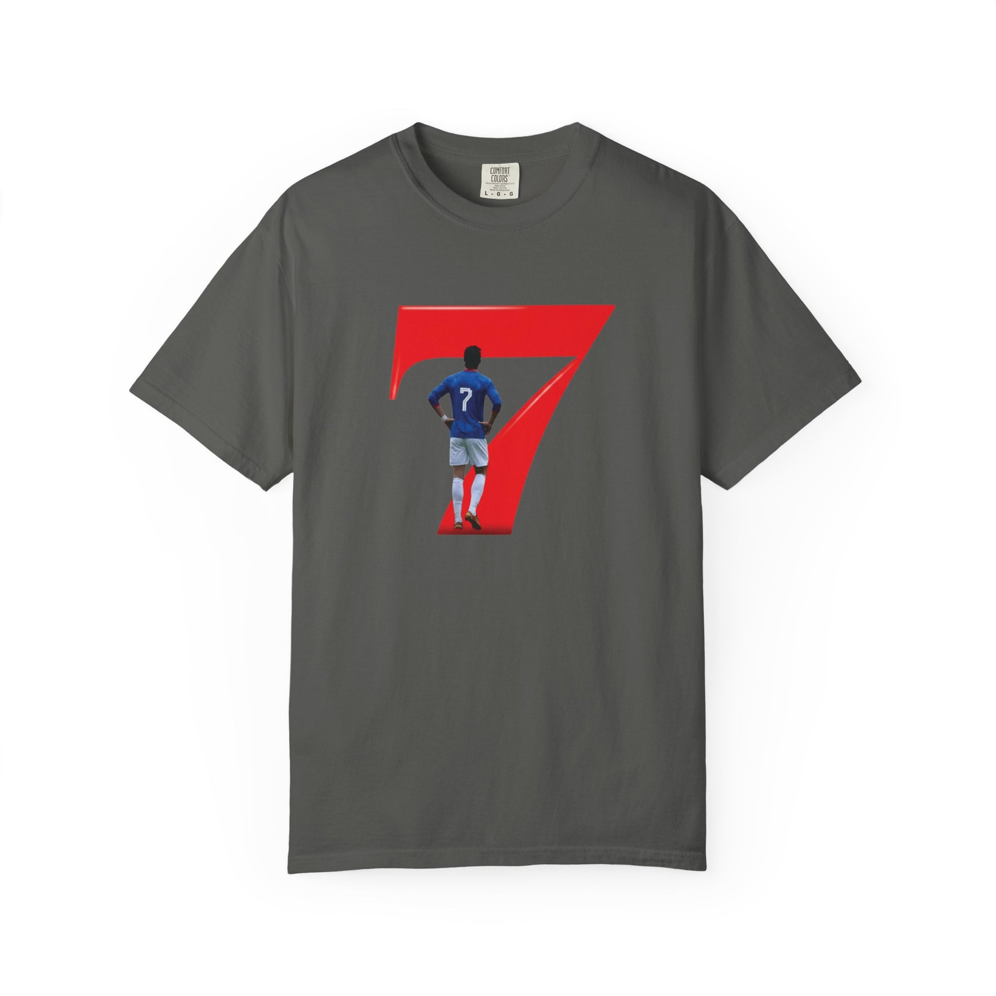 No.7 celebration tee with footballer silhouette graphic in red number 7