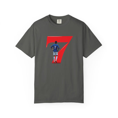 No.7 celebration tee with footballer silhouette graphic in red number 7