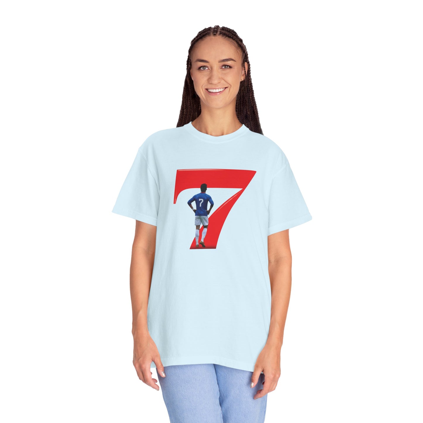 No.7 celebration tee with tubular knit construction and double-needle stitching