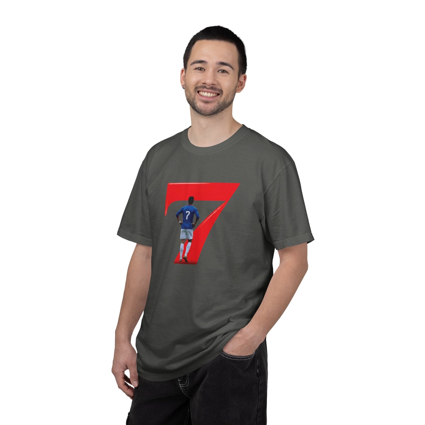 No.7 football celebration shirt with muted washed finish and center graphic