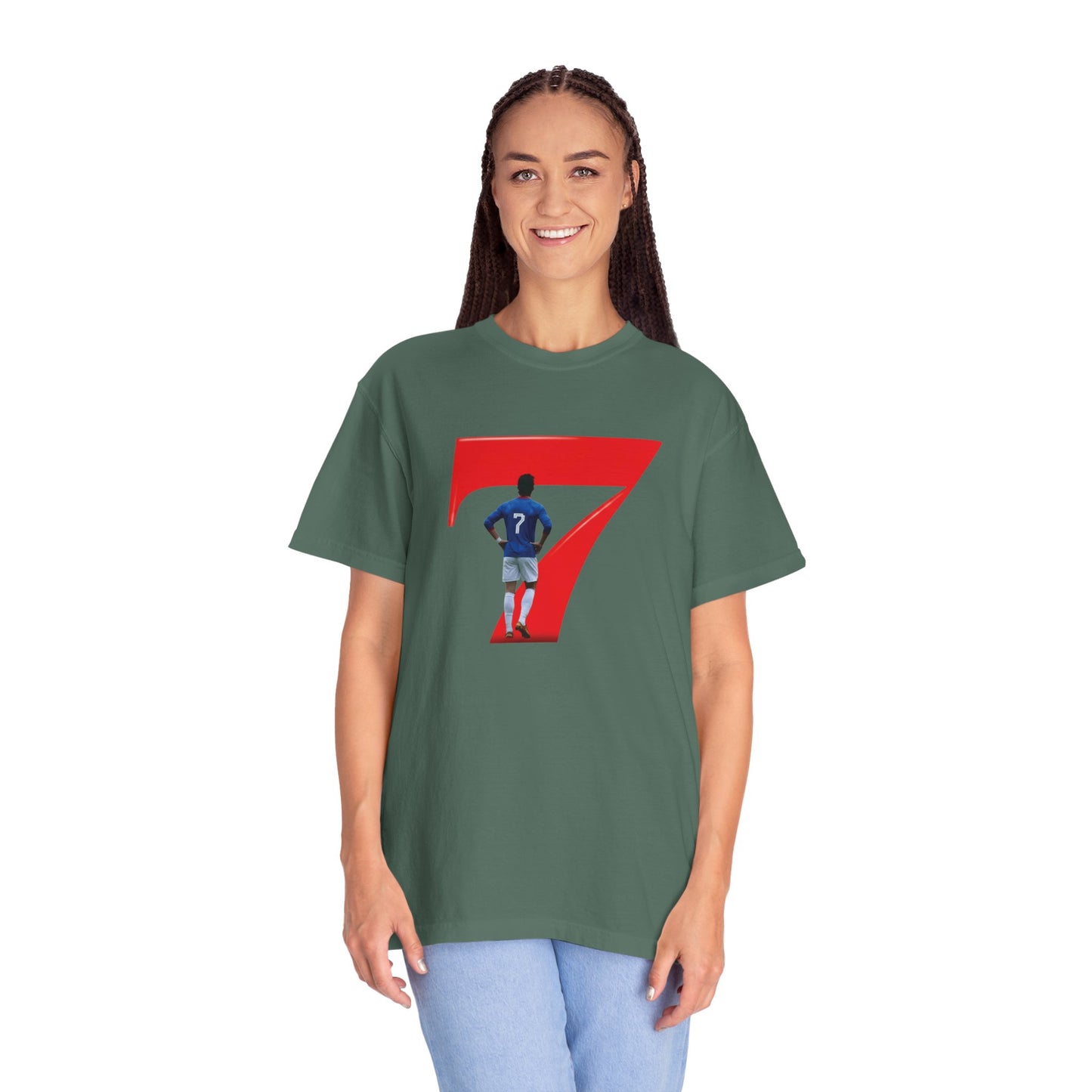 No.7 graphic tee with footballer in blue kit and arms-out celebration pose