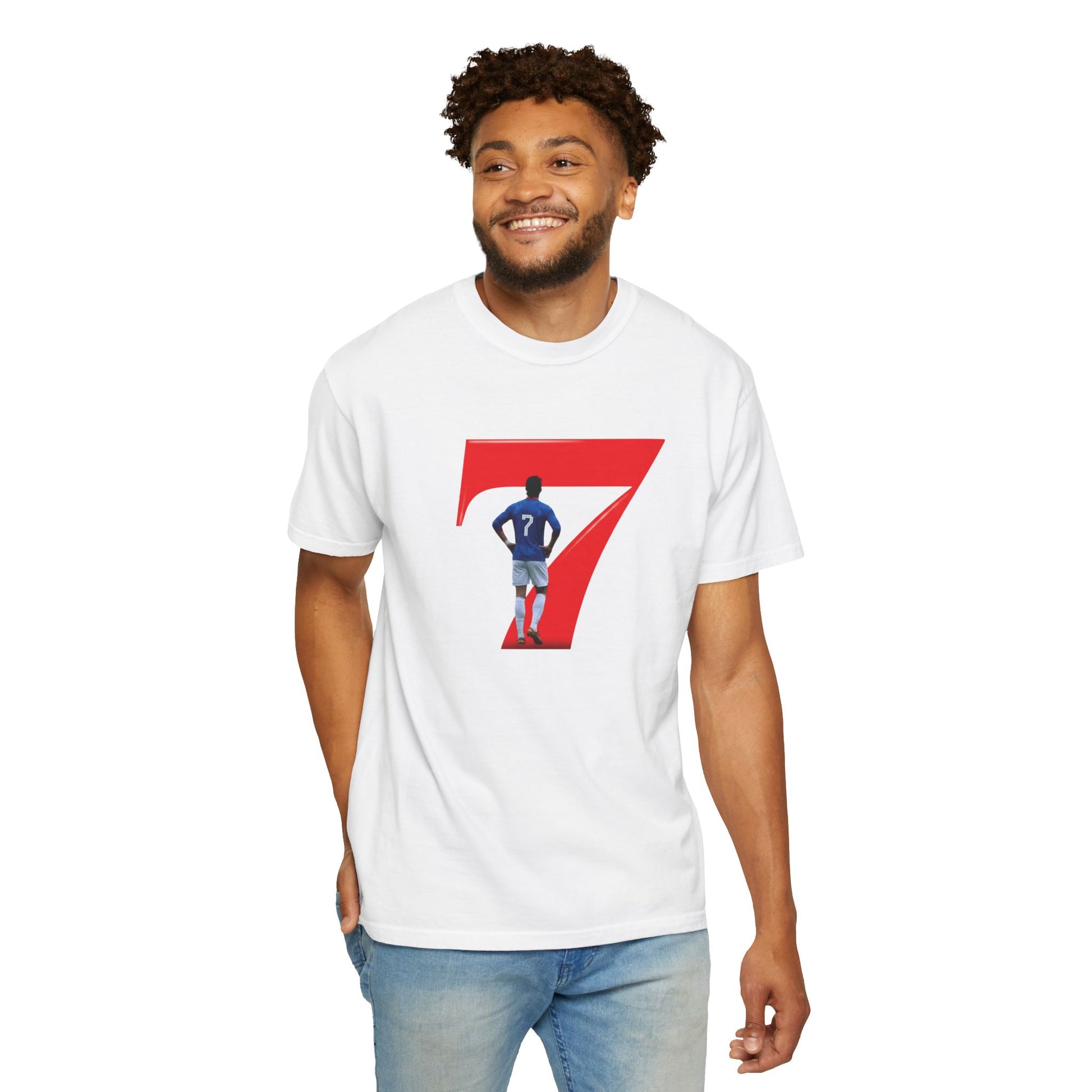 No.7 retro footballer tee with blue kit silhouette and bold number graphic