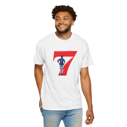 No.7 retro footballer tee with blue kit silhouette and bold number graphic