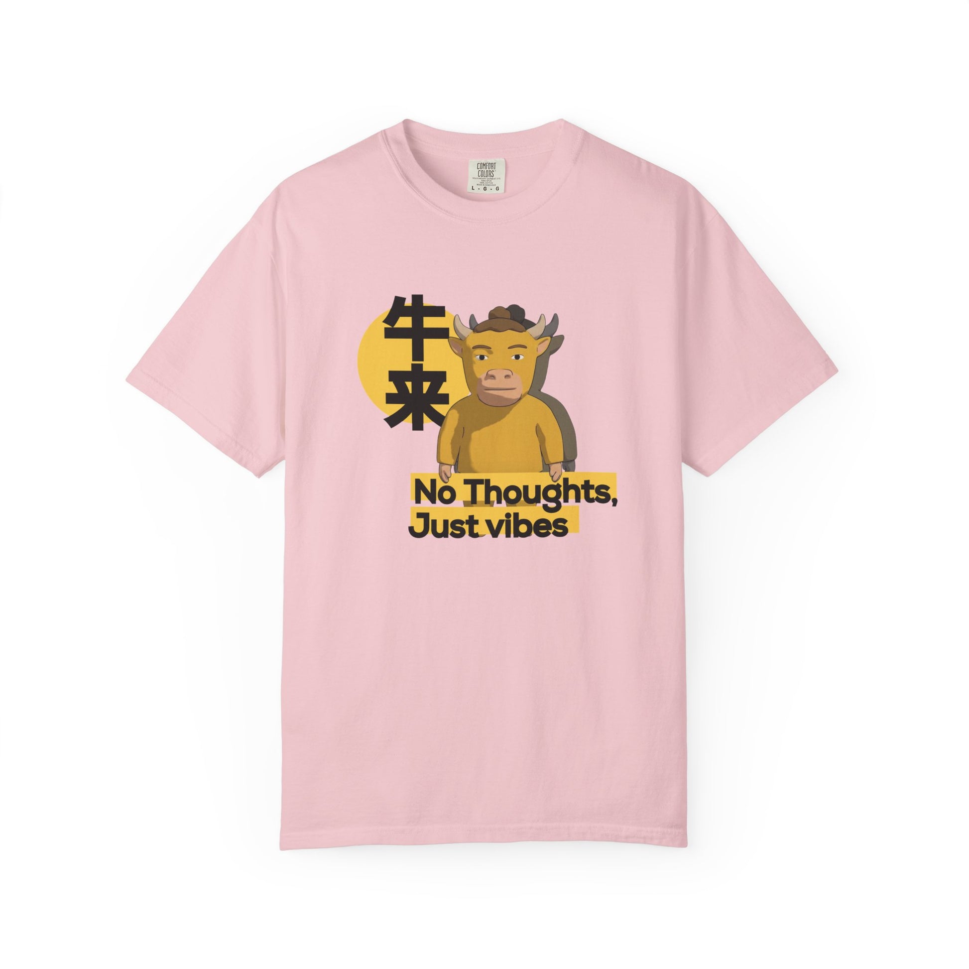 No Thoughts Just Vibes t-shirt flat lay on neutral background