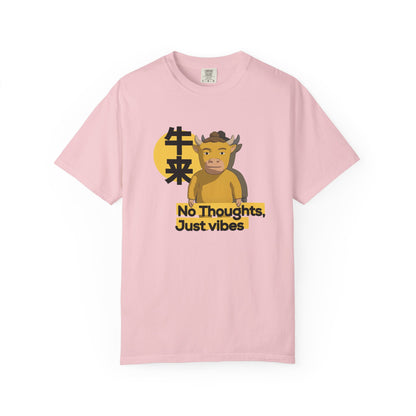 No Thoughts Just Vibes t-shirt flat lay on neutral background