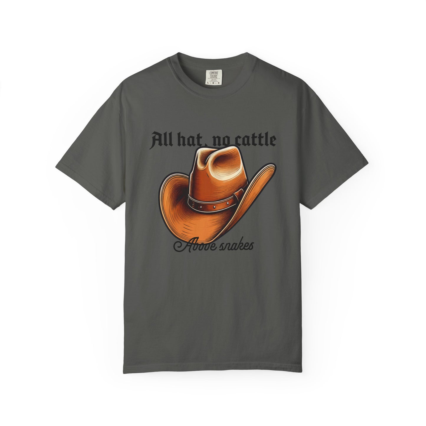 No cattle tees cowboy hat design close up on heavyweight cotton
