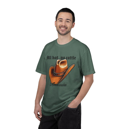 No cattle tees side profile view on standing model
