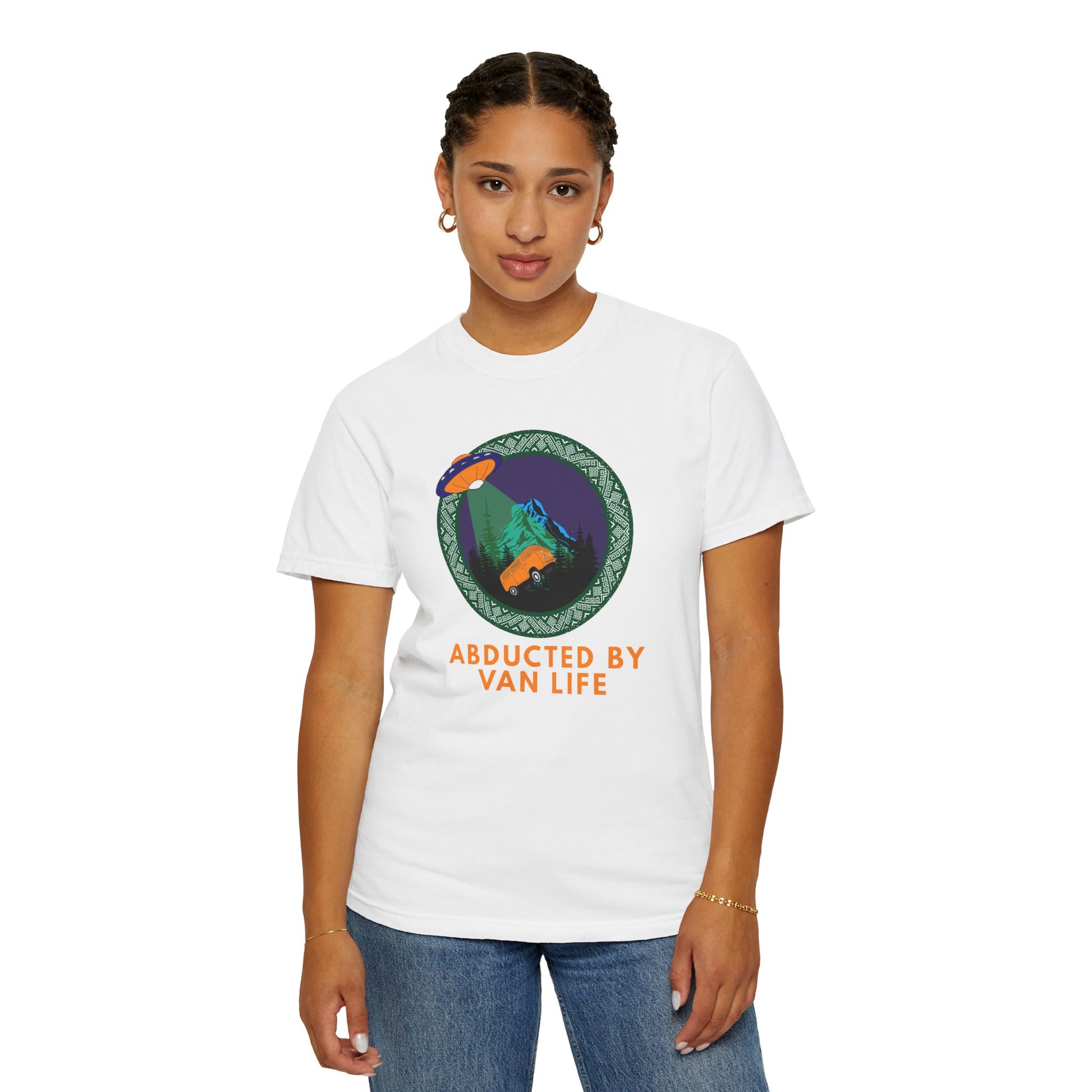 Nomadic camping lifestyle T-shirt with UFO and orange camper van print