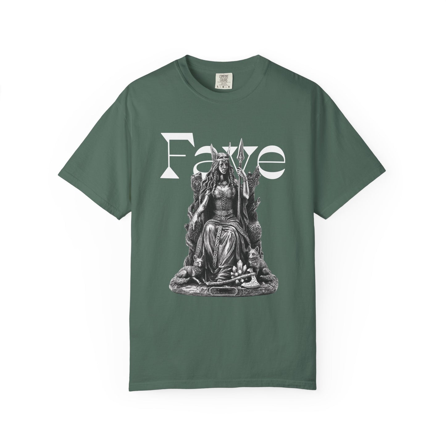 Norse goddess of war and death seated on her throne flanked by beasts
