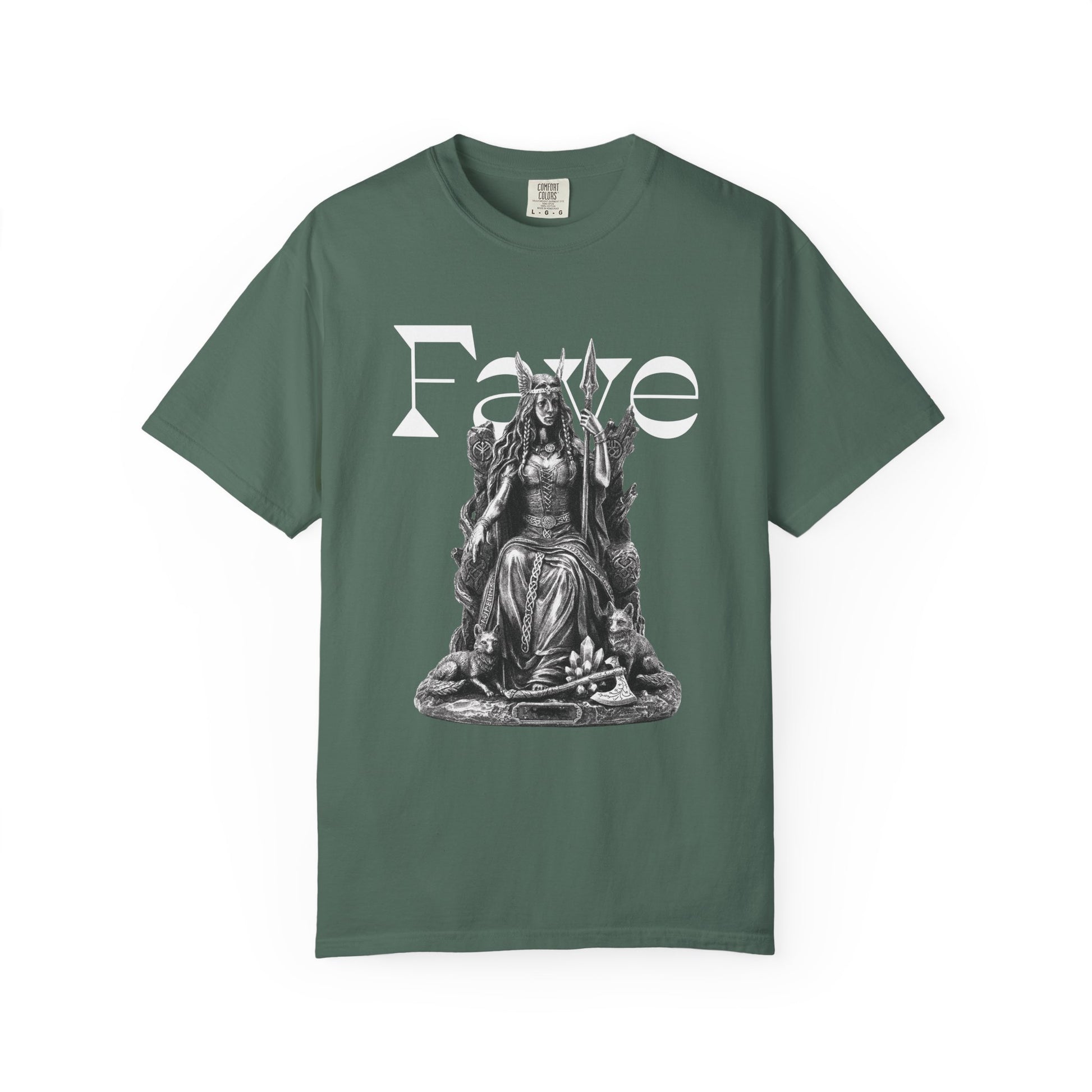 Norse goddess of war and death seated on her throne flanked by beasts
