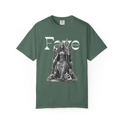 Norse goddess of war and death seated on her throne flanked by beasts

