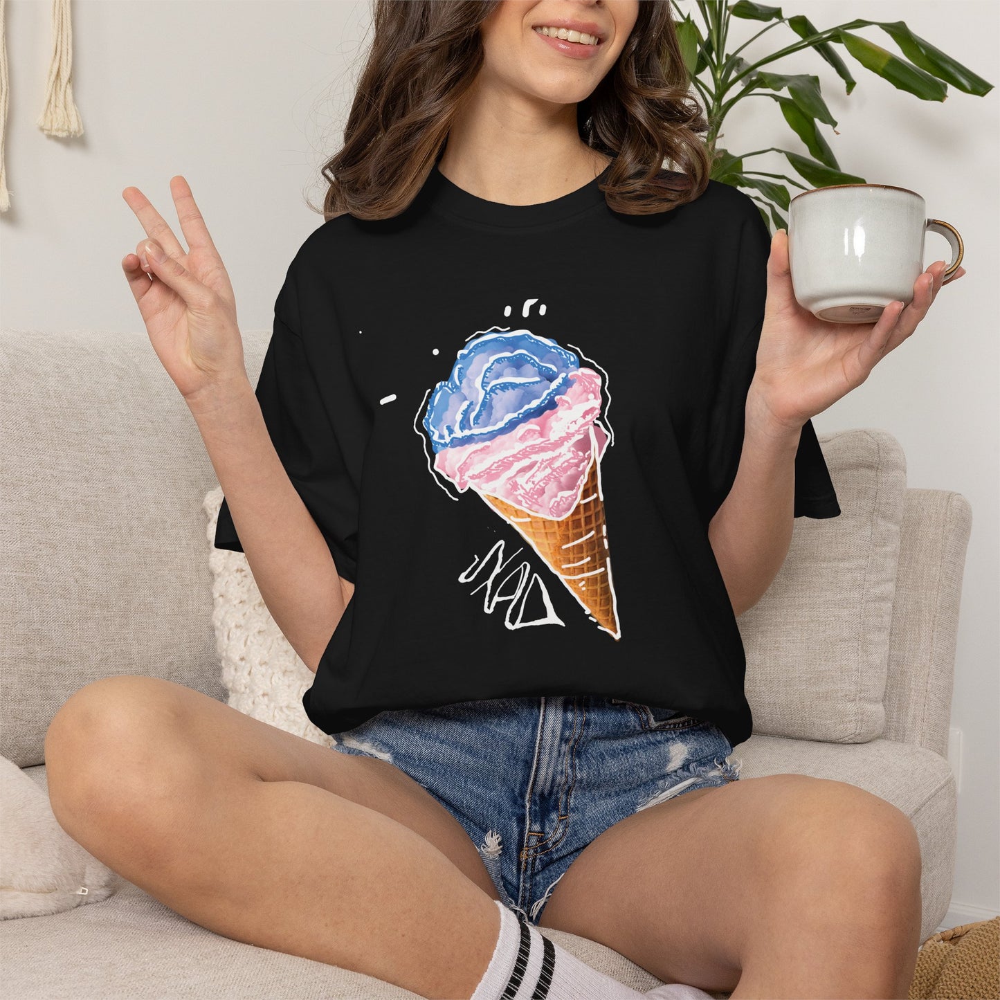 Nostalgic summer tee with watercolor ice cream cone graphic on chest