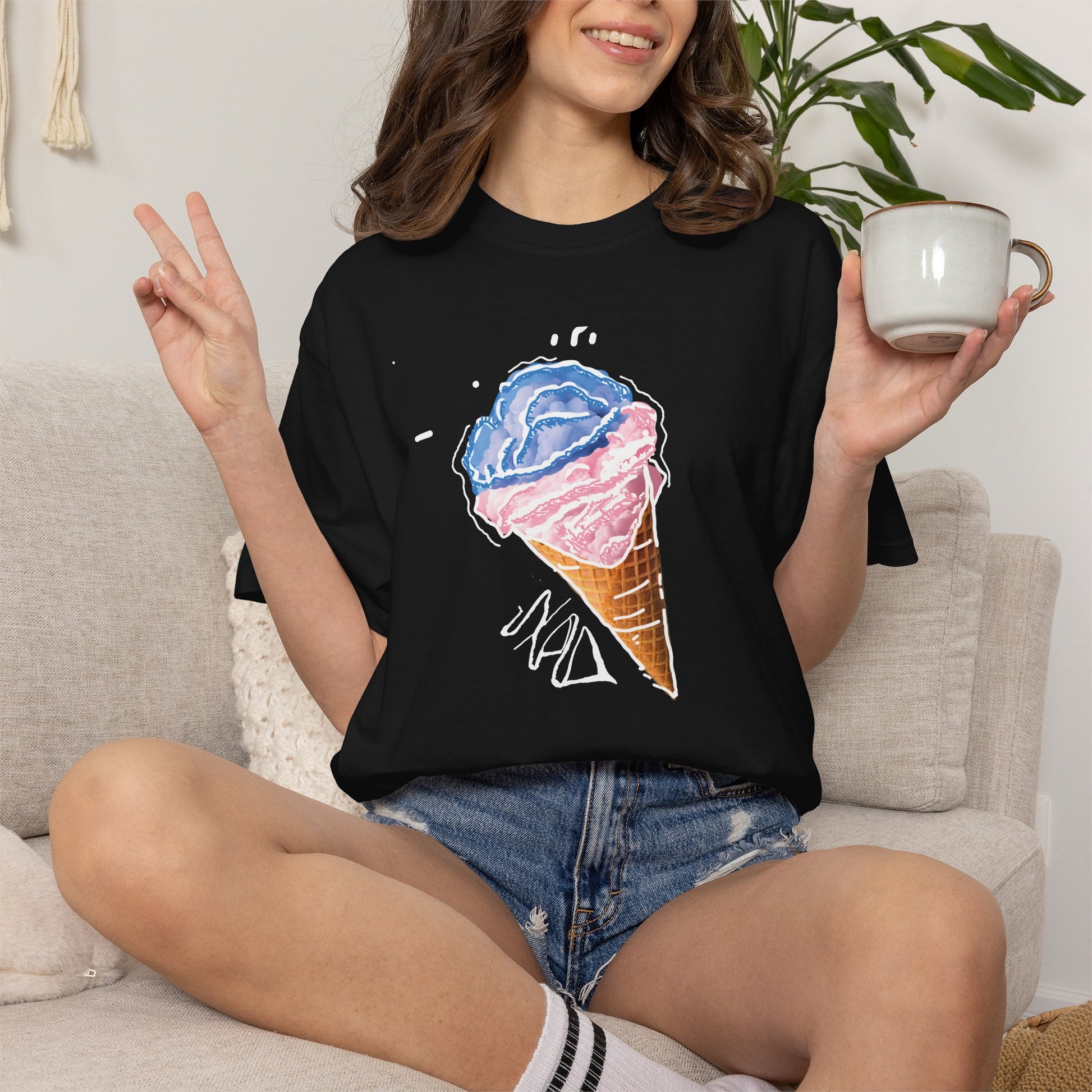 Nostalgic summer tee with watercolor ice cream cone graphic on chest
