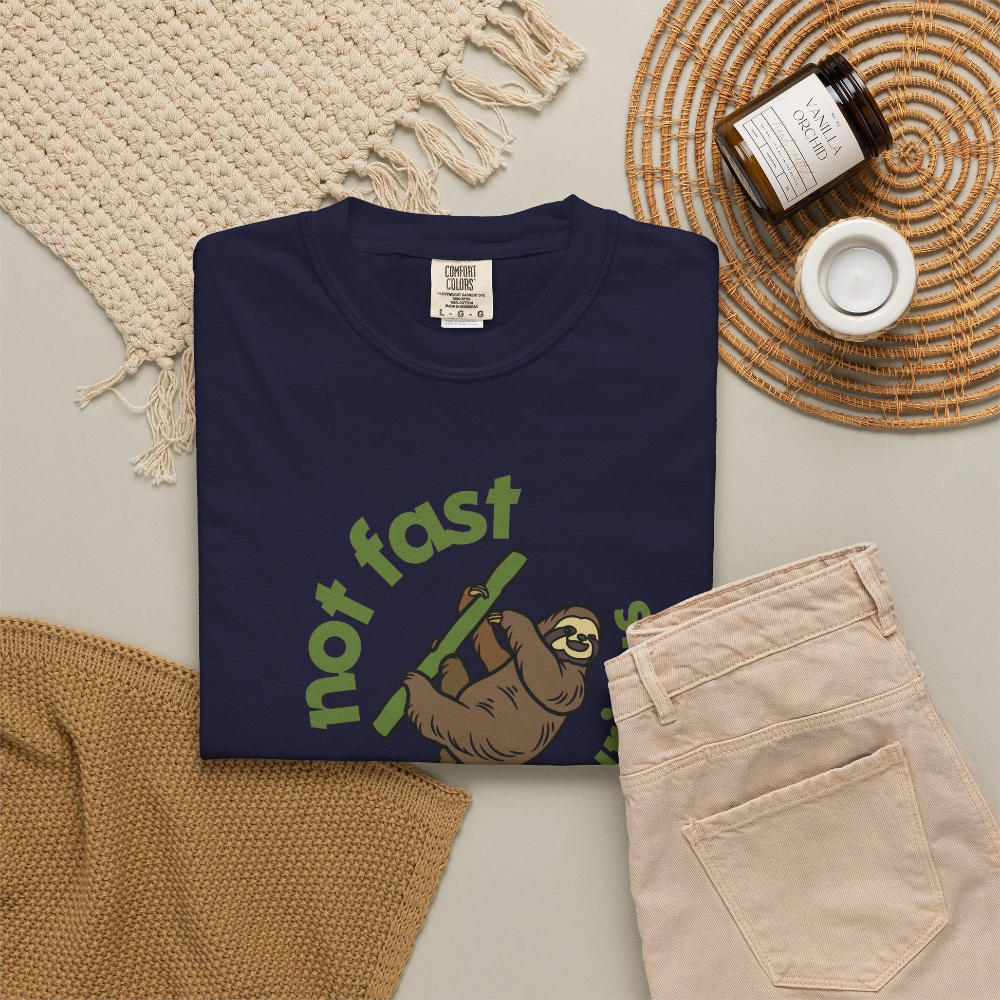 Not Fur'rious sloth pun t-shirt in sage green Comfort Colors 1717 relaxed fit