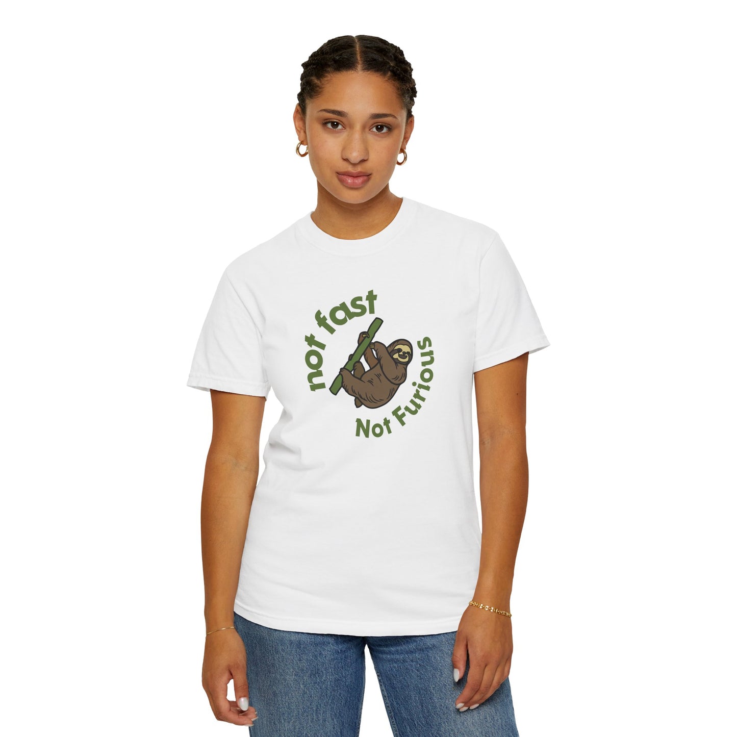 Not Fur'rious sloth t-shirt flat lay on neutral background showing print detail