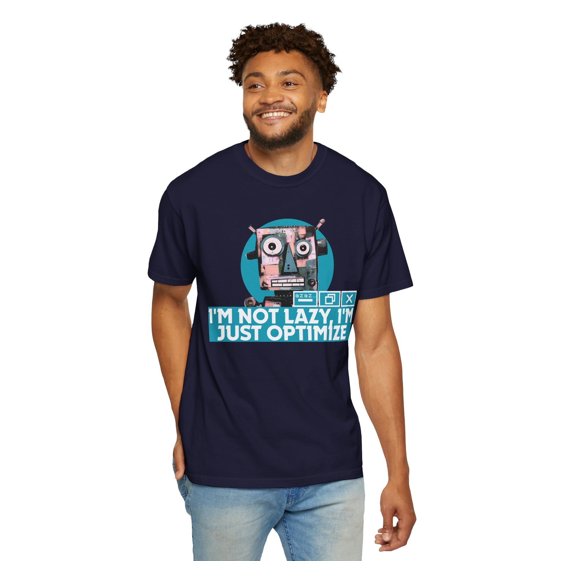 Not Lazy Just Optimize programmer humor tee folded flat in stone colorway