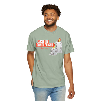 Occult candle shirt featuring dual flame illustration on relaxed fit pigment dyed blank