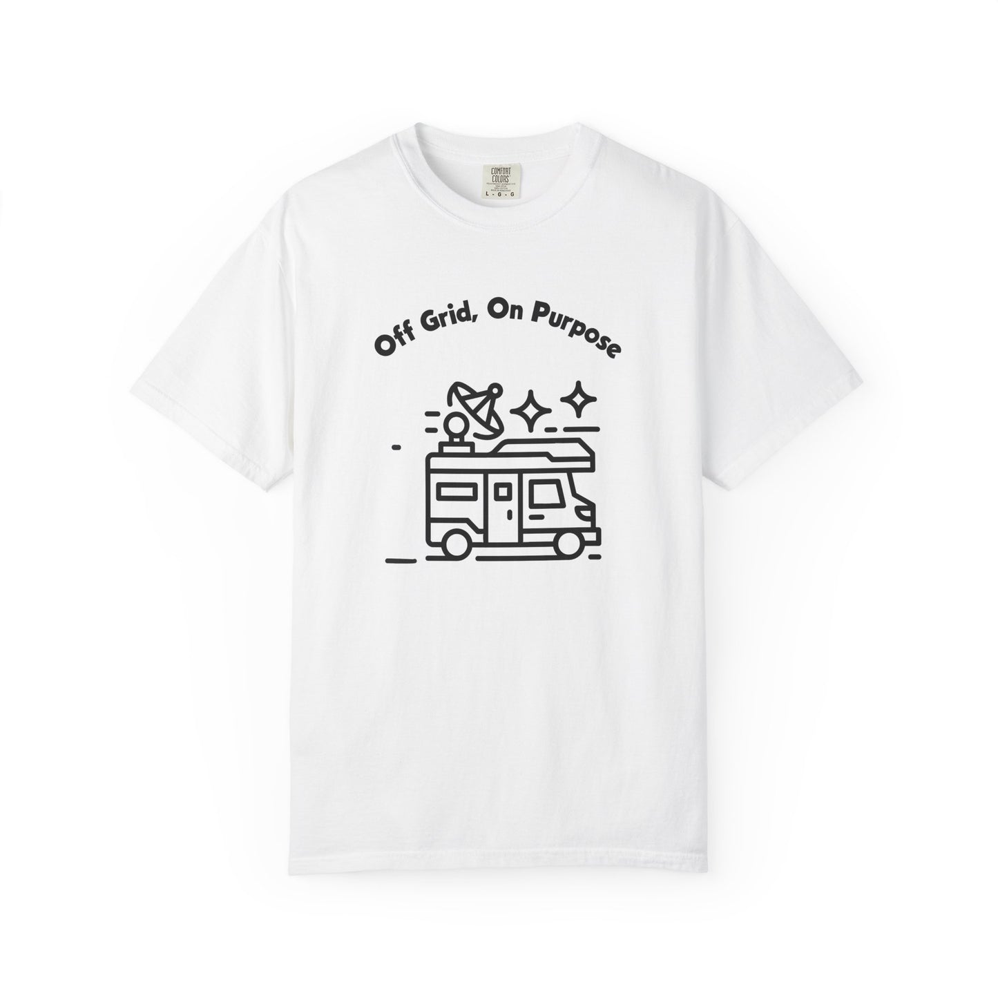 Off grid on purpose unisex tee flat lay on weathered wood in muted sage colorway