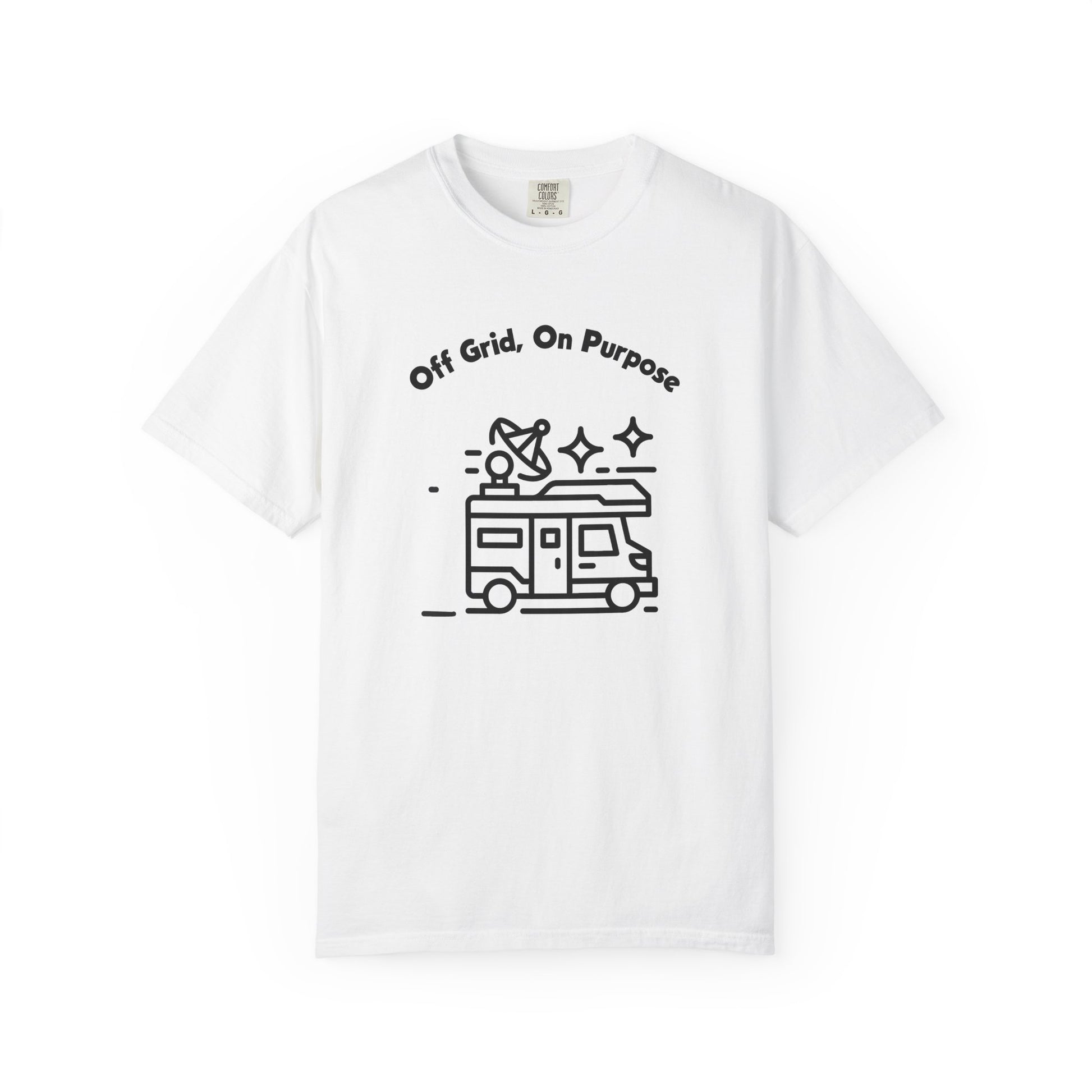 Off grid on purpose unisex tee flat lay on weathered wood in muted sage colorway