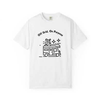 Off grid on purpose unisex tee flat lay on weathered wood in muted sage colorway