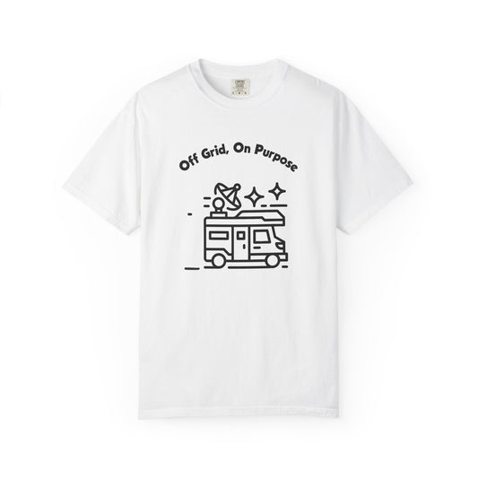 Off grid on purpose unisex tee flat lay on weathered wood in muted sage colorway