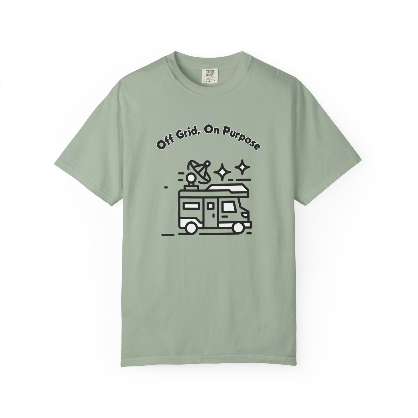 Off grid printed unisex tee detail showing line art van and Off Grid On Purpose text