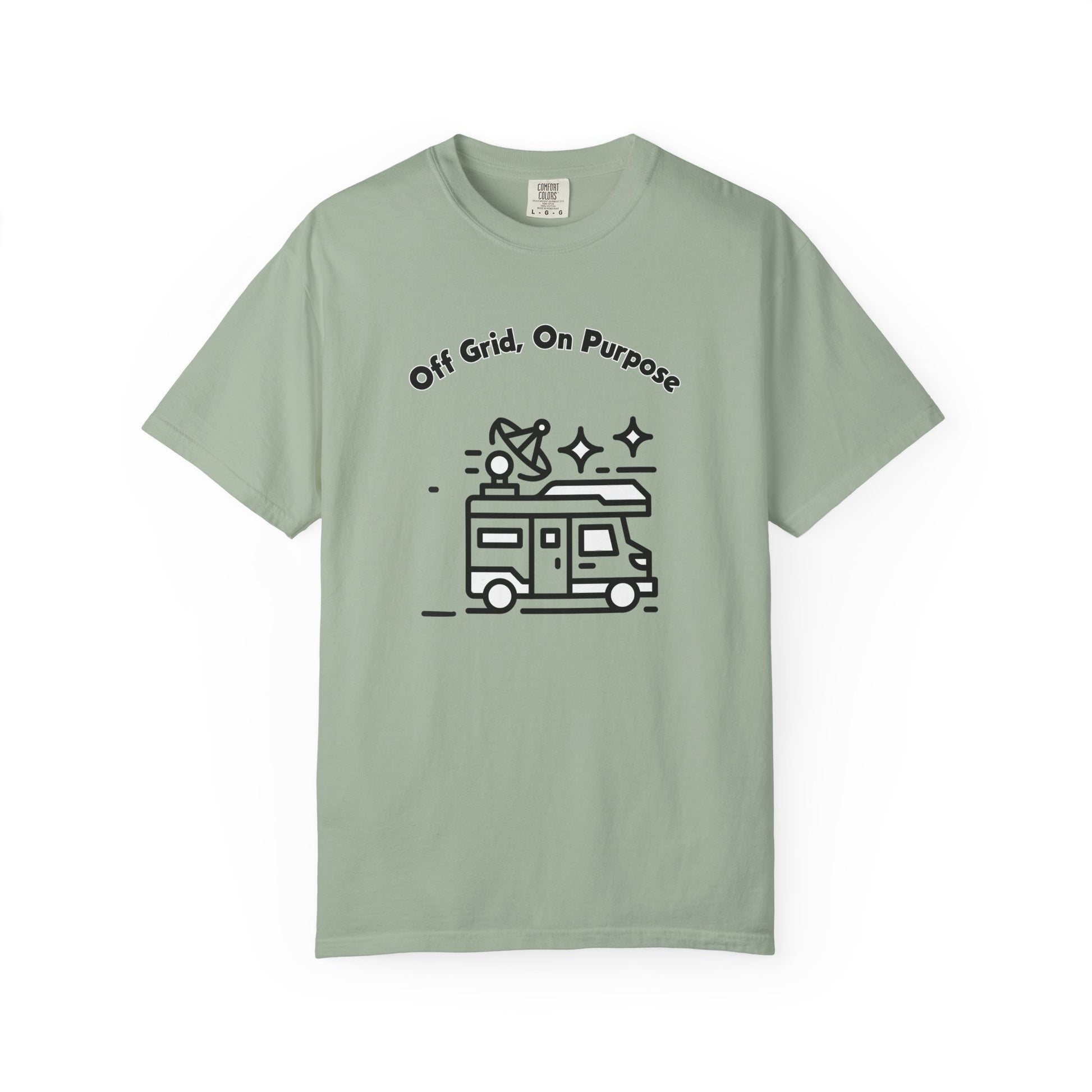Off grid printed unisex tee detail showing line art van and Off Grid On Purpose text