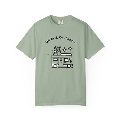 Off grid printed unisex tee detail showing line art van and Off Grid On Purpose text