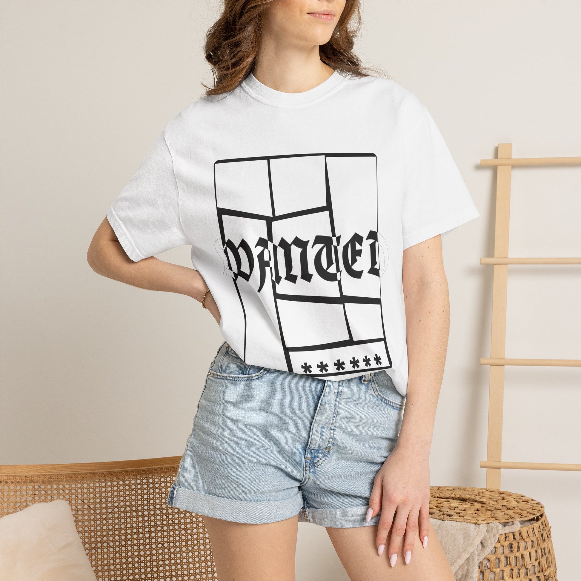Old English WANTED print tee on garment dyed navy heavyweight fabric
