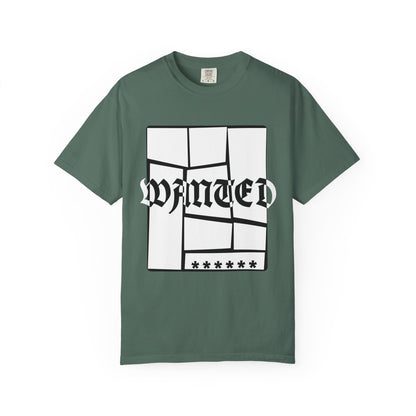 Old English font streetwear tee with glitch style WANTED lettering