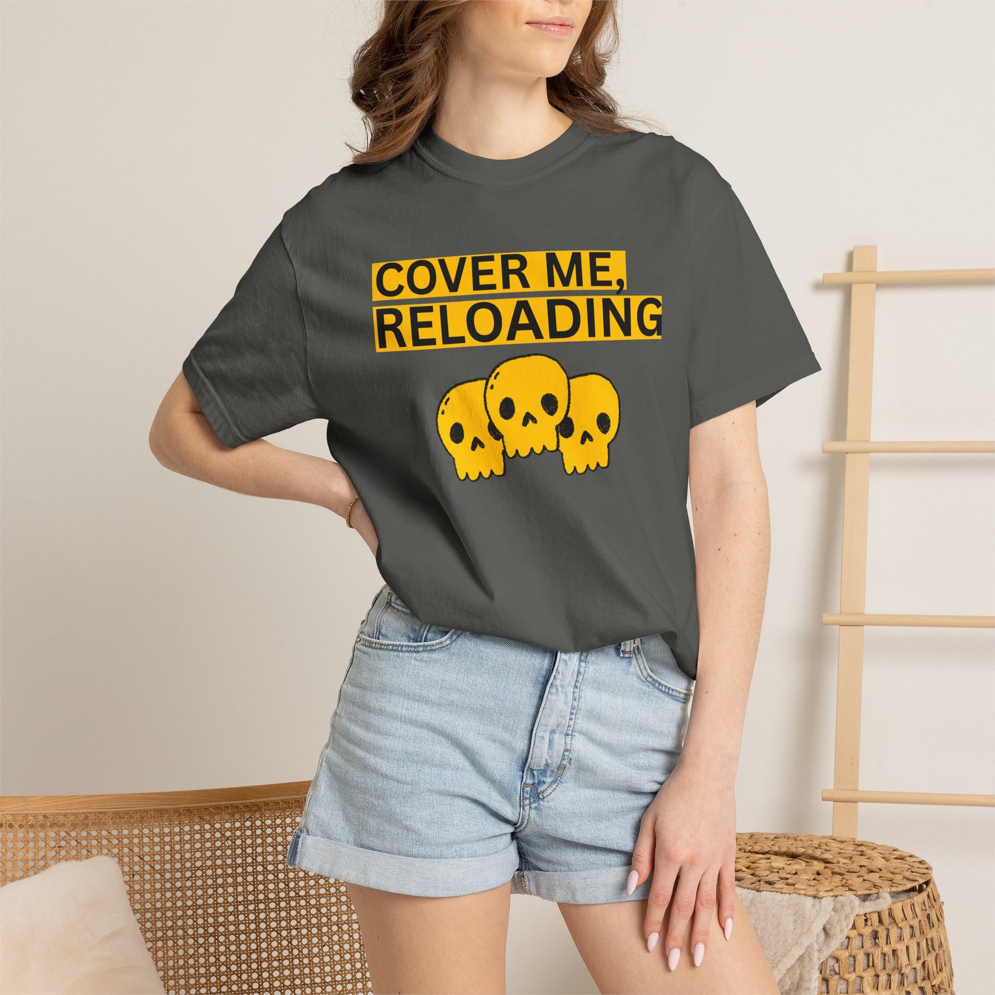 Online multiplayer shirt cover me reloading phrase black yellow graphic unisex