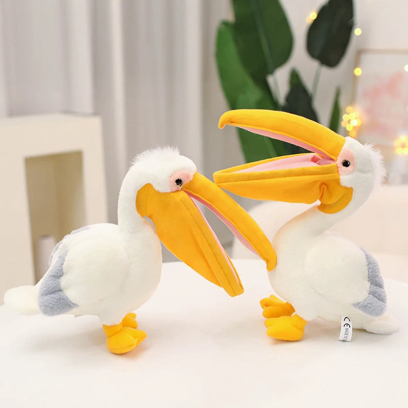 Open beak pelican plush showing wide throat pouch detail, soft PP cotton filling
