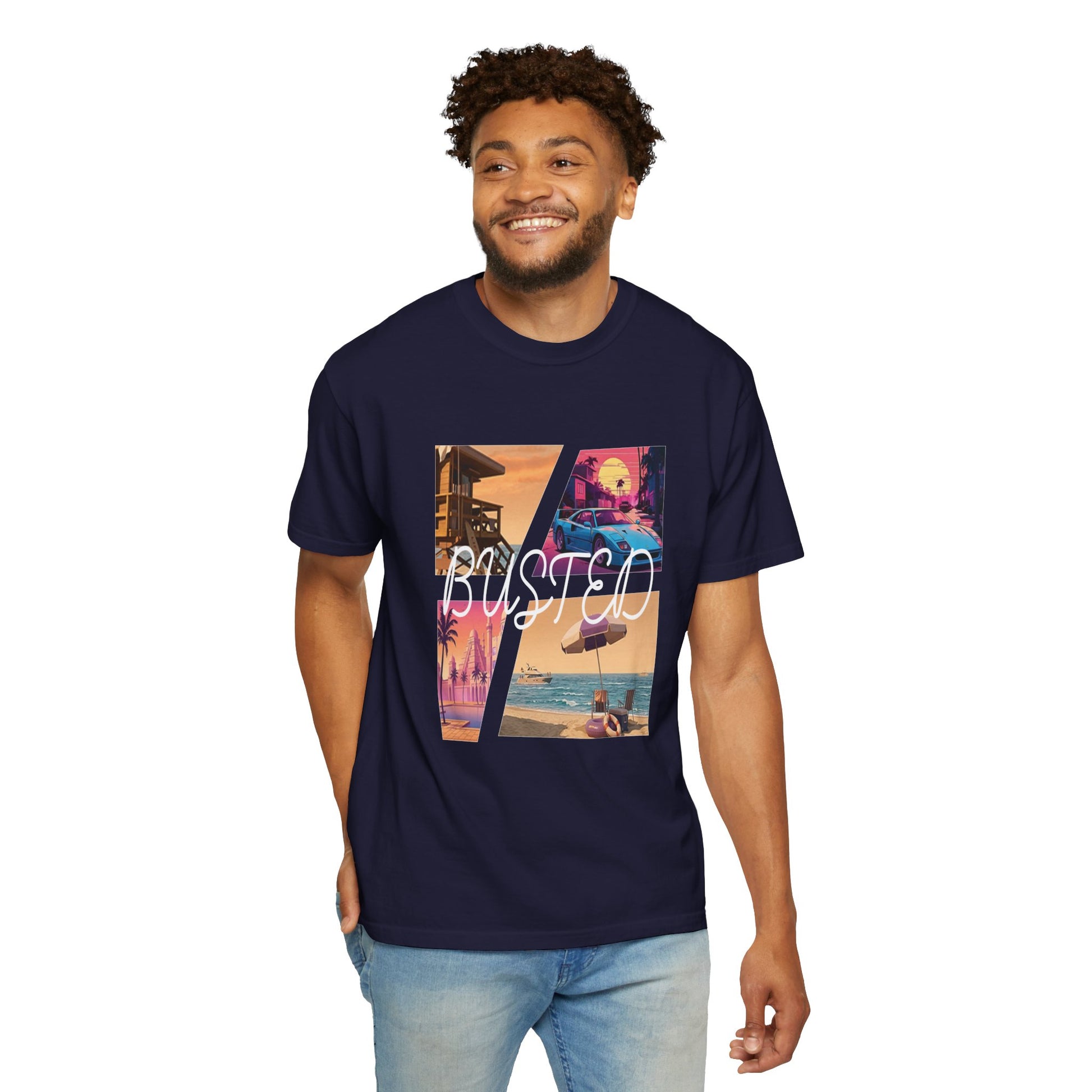 Open world crime gaming inspired graphic tee with busted overlay