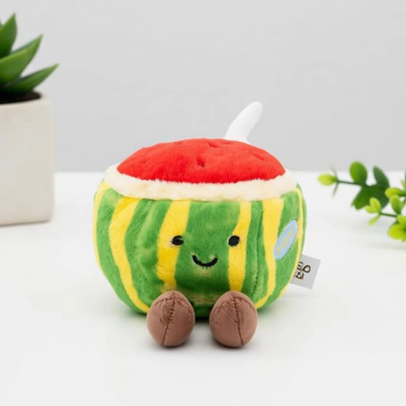 Orange cartoon fruit plushie sitting on nursery shelf cute stuffed animal