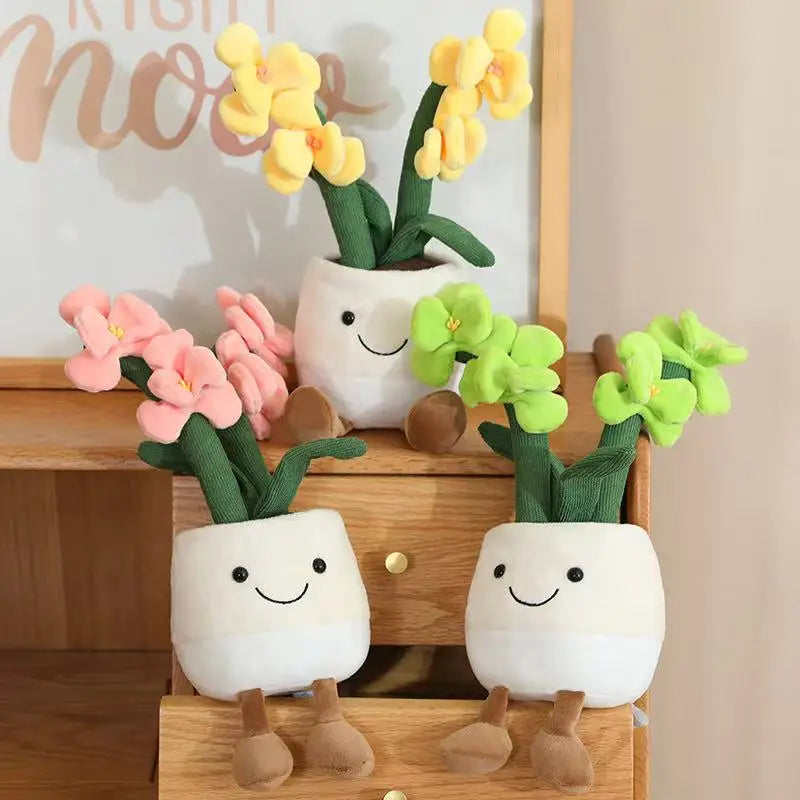 Orchid plushie close-up face detail smiling expression