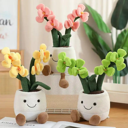 Orchid stuffed flower soft toy with happy face front view