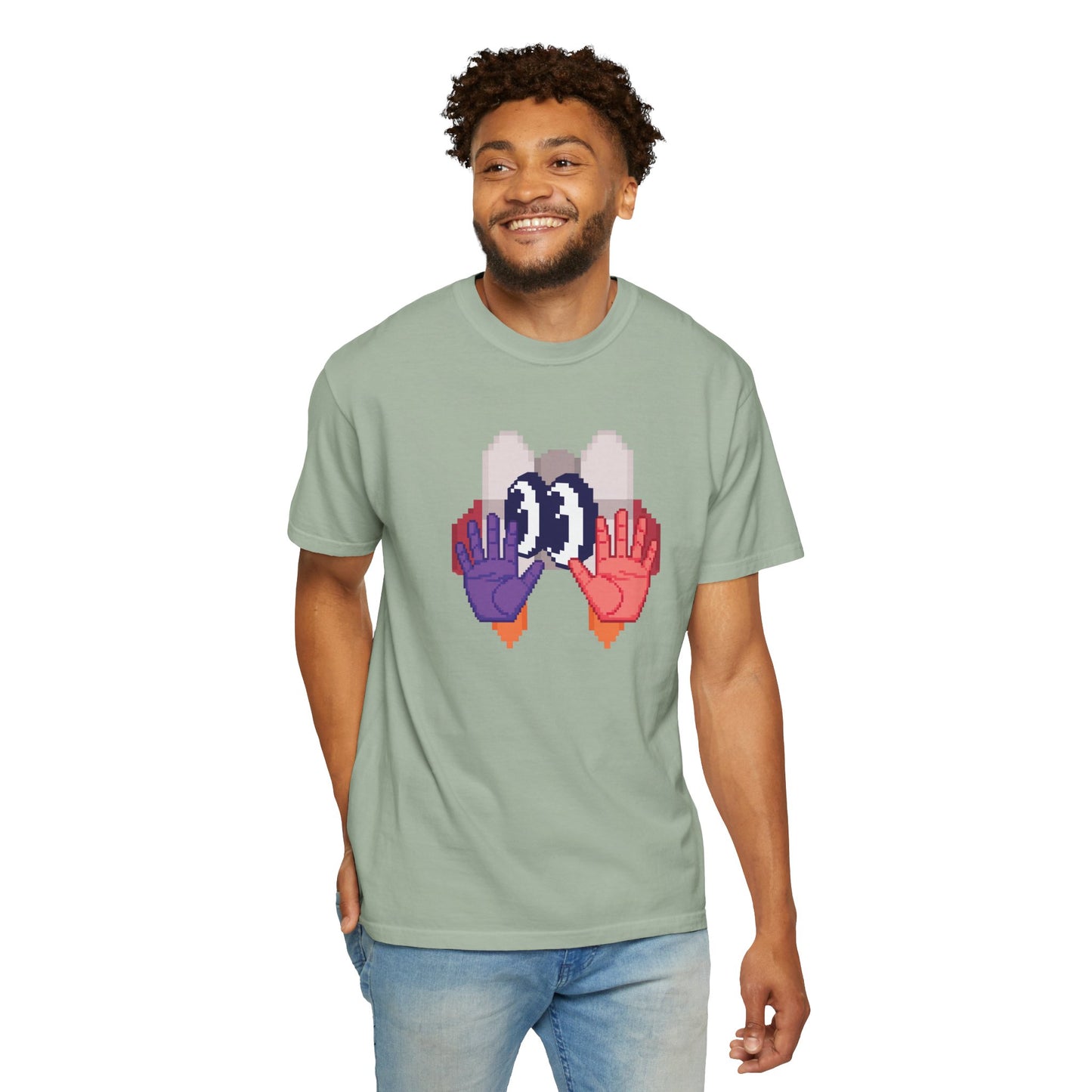 Original Aprasi pixel design shirt worn with cargo pants and white sneakers
