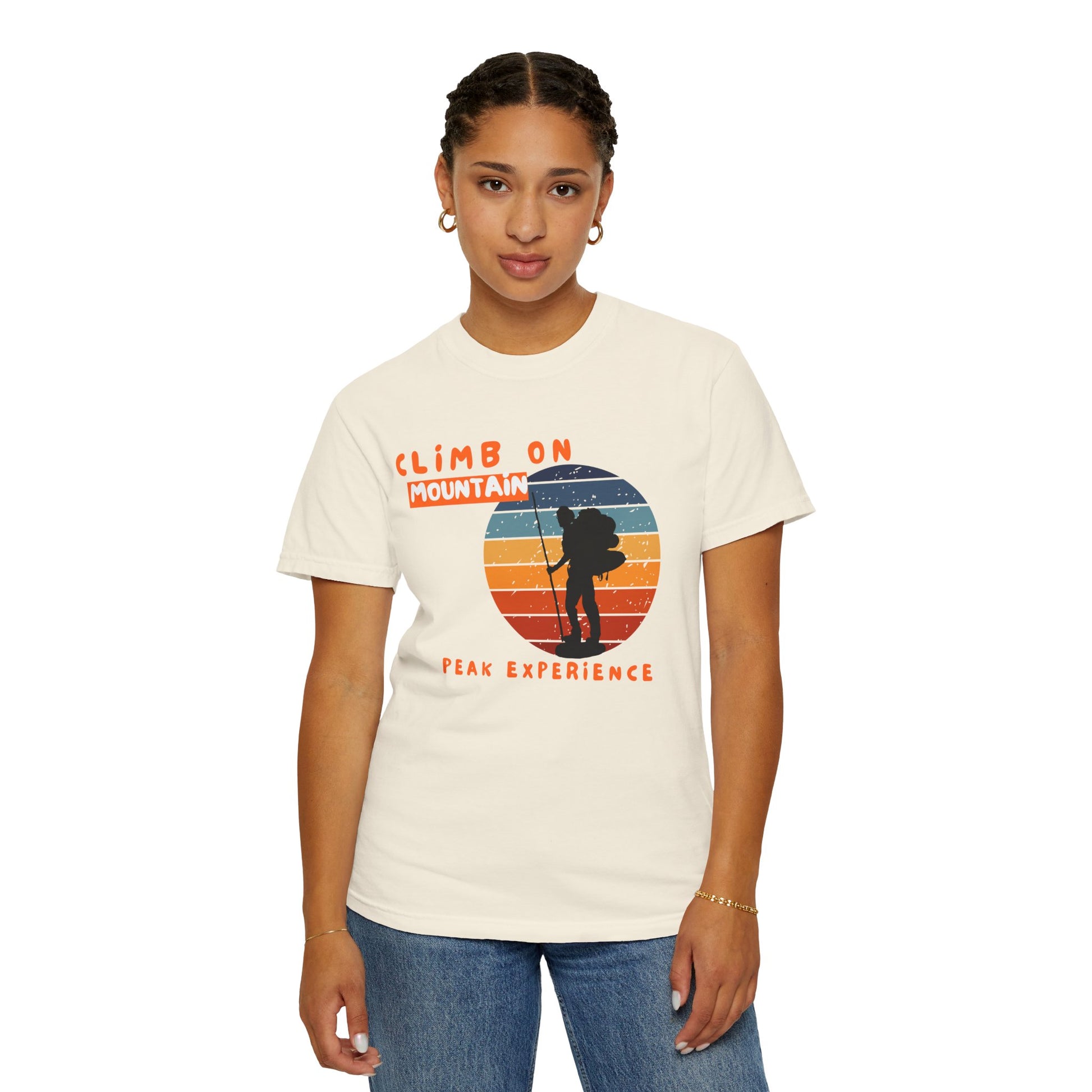 Outdoor adventure t-shirt close-up of Climb On typography and climber silhouette graphic