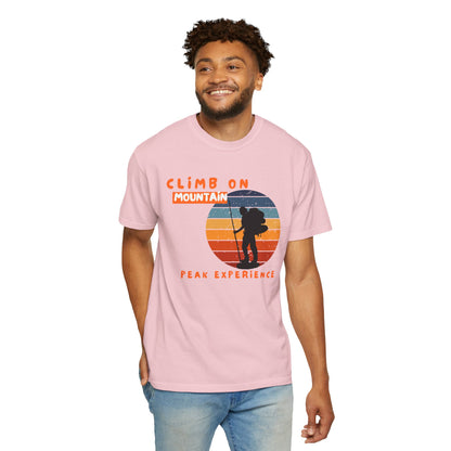 Outdoor adventure tee gift idea with climber silhouette and Peak Experience typography on pigment-dyed fabric